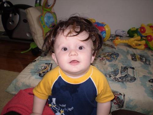 baby in WIG - cute baby with his new hair do...