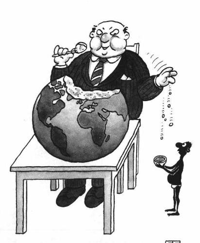 Example of Greed - image of fat greedy man partaking of the globe and dropping crumbs to a poor practically naked man.