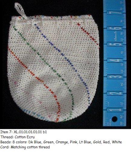 A hand-crocheted pouch - This is a sample of my handiwork. This pouch is entirely hand crocheted. The materials are #10 crochet cotton with glass beads worked in for the pattern. I sell these when I can, but I don't expect to make a living out of it.