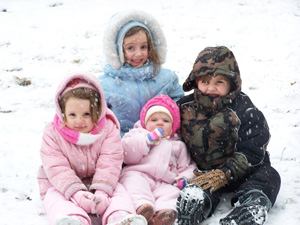 Playing in the snow - March 16, 2007, playing in the snow--from top: Meagan-6 1/2, Owen-5, Nora-11 months and Brenna-4