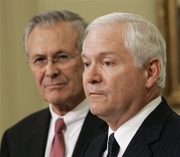 Rumsfeld And Gates At A News Conference Today - Rumsfeld And Gates At A News Conference Today  Ap new photo.