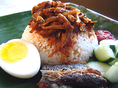 nasi lemak, the rice cooked in coconut milk - We love this dish. This is a famous breakfast menu in my country