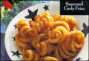 french fries - i love eatign curly fries! it is alredy seasoned so you can eat it anytime, even with or without a dip!