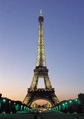 eiffel tower - A landmark of Paris. Sometimes associated with romance. A romantic place to be. With all the lights turn on, nothing can resist its' beauty. Anyone would love to go in this place simply to tour and appreciate its' remarkable construction.