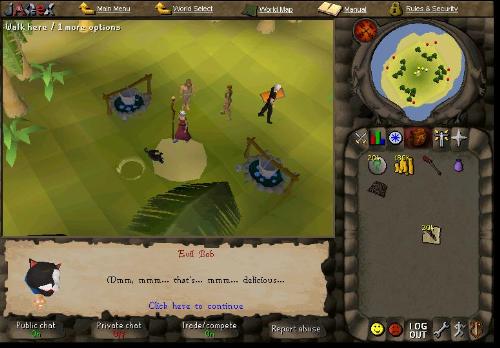 evil bobs' island - getting teleported to evil bobs' island has to be one of the most annoying things lol!  i hate having to be his 'slave' and get his fish for him, he's a cat, surely he can catch his own damned fish!  then again i hate all random events that take me off somewhere, leo the lazy grave digger is a pain in the backside and some!  plus, what's that ammy of human speak all about? i have a cat speak, but he isn't interested in talking to me when i wear it and he's whisking some other poor fool away!