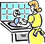 Woman Cleaning Dishes - A woman standing in front of a sink washing dishes. She is dressed in yellow with an apron around her. Woman Cleaning Dishes - A woman standing in front of a sink washing dishes. She is dressed in yellow with an apron around her.