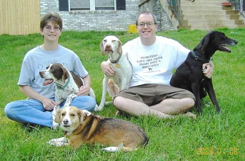 The family - 2 pointer, a lab/whippet mix and a beagle/sheperd mix. Plus the 2 people that feed them and cater to their whims. One big happy family.