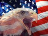 american flag - a flag of america with an eagle on it. These serves as trademark or signs of america. red stripes, with stars that represents each states.