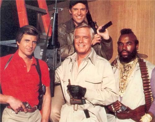 A-Team Cast - Image of the cast from the A-Team, including Mr. T., Dirk Benedict, Dwight Shultz, and George Peppard