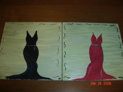Painted tiles - A friend of mine has a daughter who loves dresses, so I painted these freehand for her. She wants shoes next. I have such a great time trying new stuff.