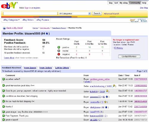 Virginia Tech Shooters eBay Account: blazer5505 - Screen shot of eBay account used by Seung-Hui Cho, blazer5505.