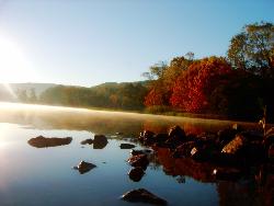 Misty Fall Morning - Early morning sun and bright fall colors of Lake Guntersville, AL