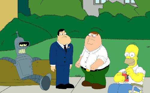 Futuramericamilympsons - Futurama's Bender, American Dad's Stan, Family Guy's Peter and The Simpsons' Homer all having a beer.
