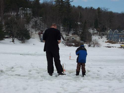 Ice fishing with my Son on Sabattus Pond, ME - This picture was taken this year (2007) during the statewide ice fishing derby. We were fishing for Pike on Sabattus Pond. We had a great day even though we did not catch anything. The person fishing directly next to us caught a 10 pound pike and ended up getting first place in that catagory.