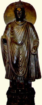 statue of a standing Buddha - Gandharan schist statue of a standing Buddha,  second century. National Museum, New Delhi.