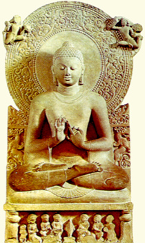 statue of preaching Buddha - Sandstone statue of preaching Buddha, fifth century ad. Archaeoiogicai Museum, Sarnath.