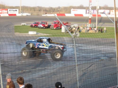 Rolling Thunder - The ending of a donut performed by Rolling Thunder. Taken at Elko Speedway in Elko Minnesota USA 4-21-07.  This was a special event called Eve of Destruction.
