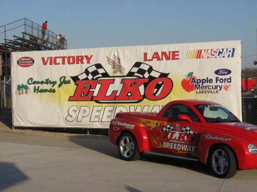 Elko Speedway - The pace car for the track in front of the Vioctory Lane banner where the winners have their photos taken for publicity. Elko Speedway - The pace car for the track in front of the Vioctory Lane banner where the winners have their photos taken for publicity.
