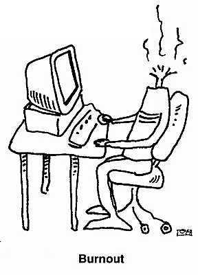 computer health hazard - the cartoon shows a man sitting at a computer with his head burnt away. This represents the 'burnout' one experiences after many stressful hours in front of a comoputer doing work or other things. Burnout is just when you become tired from too much work.