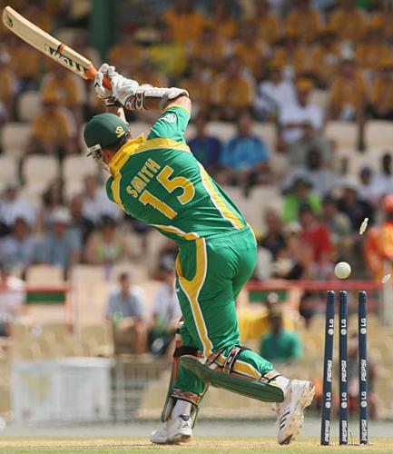 Graeme Smith is bowled - Graeme Smith is bowled by Nathan Bracken, Australia v South Africa, 2nd semi-final, St Lucia, April 25, 2007