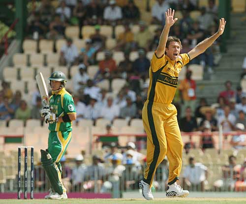 Glenn McGrath lets out an early appeal - Glenn McGrath lets out an early appeal against AB de Villiers, Australia v South Africa, 2nd semi-final, St Lucia, April 25, 2007