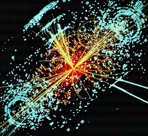Photo taken from a similuation program. - Photo taken from CMS simulation detector.Simulation of decay of Higgs boson.