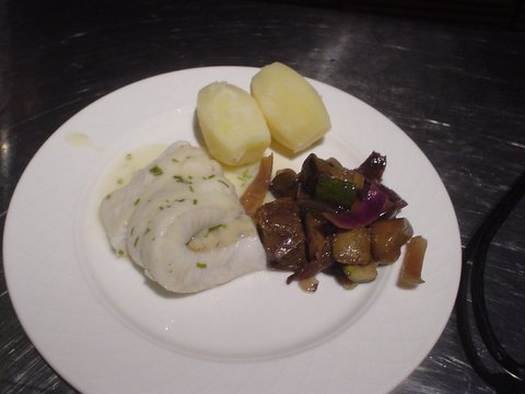 Steamed Pike Perch Rolls  - Steamed Pike Perch Rolls with Vegetable Bake and Tarragon Sauce.