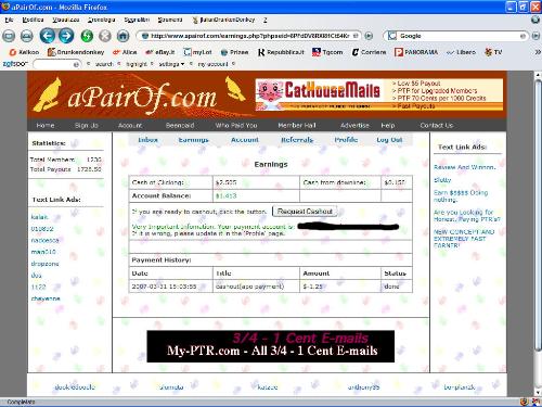 Apairof Payment - A PTR site that is really paying! This is not SCAM! And I can prove you with this payment proof. I really received 1.25$ in my paypal account! You just click about 15-18 links per day and you begin earning. In about 15 days you earn your first dollar...the minimum payout!  This is my referral! http://www.apairof.com/index.php?ref=opteron