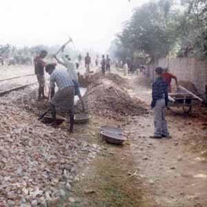 work site - Work for expansion of railway station platform going on in full swing.
