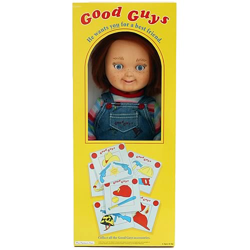 Good Guy Doll - A photo of the 'good guy' doll in it's box. This is not of the original doll but of a reproduction which was recently released for purchase.