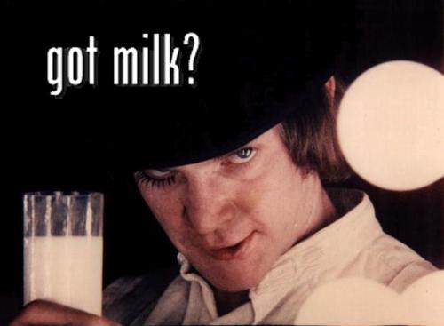 Malcolm McDowell in A Clockwork Orange - This is none other than Malcolm McDowell in A Clockwork Orange, enjoying a tall glass of milk.