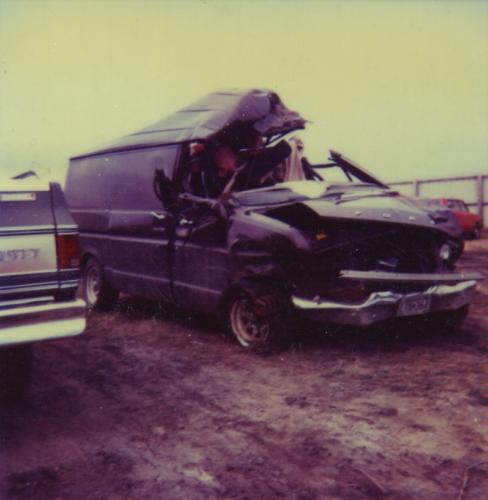 Don't Drink and Drive - This was my ex's van. After 'having a few' with a friend, he thought he was sober enough to drive. He tried to pass a vehicle and ended up hitting a truck and then a telephone pole. He wasn't wearing a seat belt and took the full force of impact to his face. His skull was fractured so badly it was described as 'eggshells'. Amazingly, he survived. Unfortunatly, he didn't learn his lesson.