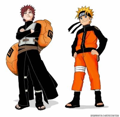 naruto shippuuden - naruto and gaara. enemies turned allies. gaara is one of the shinobis that has a monter inside him just like naruto. gaara's monster is the one tailed raccoon.