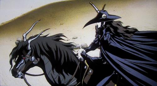 d - D mounted on his horse.