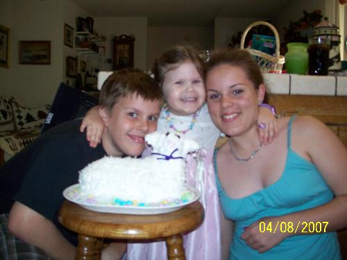Family - Here is a picture of 2 sisters and their brother at Easter in front of the cake that the eldest made for Easter. It has been a tradition to bake this cake started by her grandmother and now she is caring on the tradition.