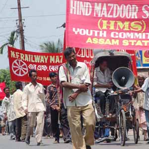 rally on may day - Different labour unions of the State taking out a rally on the occasion of May Day at Pandu in the city of Guwahati, Asom, India.