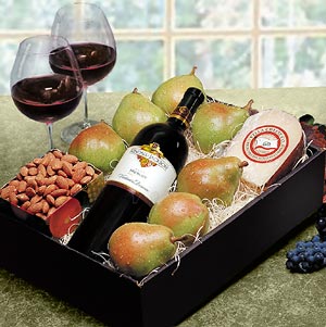 Red wine basket - The finest fruit, cheese and nuts are delivered with your selection of a hearty and character-rich California red wine chosen from the excellent list below. All vintages are from California's renowned Napa, Sonoma or Mendocino wine regions. Many are quite exclusive and hard-to-find. Graciously presented.   * 7 Imperial Comice Pears  * 8 oz. Roasted, Lightly Salted California Almonds  * 8 oz Aged Vella Special Select Dry Jack Cheese  * 1 bottle of a Premium Northern California Red Wine
