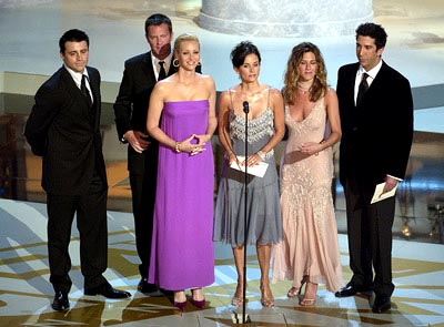 Friends Cast at the Emmy's - Matt LeBlanc, Matthew Perry, Lisa Kudrow, Courteney Cox, Jennifer Aniston and David Schwimmer at the Emmy Awards in 2002.