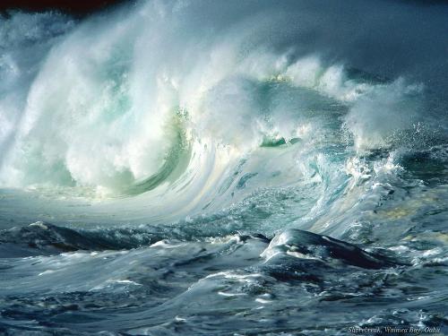 ocean28 - Oceans (from ??ea??? Okeanos in Greek, the ancient Greeks noticing the strong current that flowed off Gibraltar and assuming it was a great river) cover almost three quarters (71%) of the surface of the Earth, and nearly half of the world's marine waters are over 3,000 meters (9,800 ft) deep. The area of the oceans is 361 million sq. km. Geologically, an ocean is an area of oceanic crust covered by water. Oceanic crust is the thin layer of solidified volcanic basalt that covers the Earth's mantle where there are no continents. From this point of view, there are three 'oceans' today: the World Ocean, and the Black and Caspian Seas that were formed by the collision of Cimmeria with Laurasia. The Mediterranean Sea is very nearly its own 'ocean', being connected to the World Ocean through the Strait of Gibraltar, and indeed several times over the last few million years movement of the African Continent has closed the strait off entirely, making the Mediterranean a fourth 'ocean'. (The Black Sea is connected to the Mediterranean through the Bosporus, but this is in effect a natural canal cut through continental rock some 7,000 years ago, rather than a piece of oceanic sea floor like the Strait of Gibraltar.) There are thought to have been two or three primary sources for the primordial water that formed Earth's oceans, with debate as to their relative importance. One is outgassing of steam from the Earth's interior, which contributed to the atmosphere and, once the young planet had sufficiently cooled, produced rain; another being that the numerous comets which impacted with the Earth and added their water to it.  Another theory is that Earth once had a ring of ice exactly like Saturn's and as that ring melted the water gravitated towards the planet, and rained down. Panspermia theories about Earth's first creatures are linked to what exactly composed the ring besides ice. One of the most dramatic forms of weather occurs over the oceans: tropical cyclones (also called 'typhoons' and 'hurricanes' depending upon where the system forms). Ocean currents greatly affect Earth's climate by transferring warm or cold air and precipitation to coastal regions, where they may be carried inland by winds. The Antarctic Circumpolar Current encircles that continent, influencing the area's climate and connecting currents in several oceans.