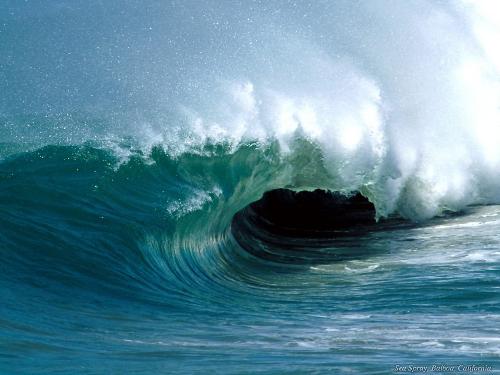 ocean30 - Oceans (from ??ea??? Okeanos in Greek, the ancient Greeks noticing the strong current that flowed off Gibraltar and assuming it was a great river) cover almost three quarters (71%) of the surface of the Earth, and nearly half of the world's marine waters are over 3,000 meters (9,800 ft) deep. The area of the oceans is 361 million sq. km. Geologically, an ocean is an area of oceanic crust covered by water. Oceanic crust is the thin layer of solidified volcanic basalt that covers the Earth's mantle where there are no continents. From this point of view, there are three 'oceans' today: the World Ocean, and the Black and Caspian Seas that were formed by the collision of Cimmeria with Laurasia. The Mediterranean Sea is very nearly its own 'ocean', being connected to the World Ocean through the Strait of Gibraltar, and indeed several times over the last few million years movement of the African Continent has closed the strait off entirely, making the Mediterranean a fourth 'ocean'. (The Black Sea is connected to the Mediterranean through the Bosporus, but this is in effect a natural canal cut through continental rock some 7,000 years ago, rather than a piece of oceanic sea floor like the Strait of Gibraltar.) There are thought to have been two or three primary sources for the primordial water that formed Earth's oceans, with debate as to their relative importance. One is outgassing of steam from the Earth's interior, which contributed to the atmosphere and, once the young planet had sufficiently cooled, produced rain; another being that the numerous comets which impacted with the Earth and added their water to it.  Another theory is that Earth once had a ring of ice exactly like Saturn's and as that ring melted the water gravitated towards the planet, and rained down. Panspermia theories about Earth's first creatures are linked to what exactly composed the ring besides ice. One of the most dramatic forms of weather occurs over the oceans: tropical cyclones (also called 'typhoons' and 'hurricanes' depending upon where the system forms). Ocean currents greatly affect Earth's climate by transferring warm or cold air and precipitation to coastal regions, where they may be carried inland by winds. The Antarctic Circumpolar Current encircles that continent, influencing the area's climate and connecting currents in several oceans.