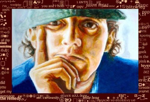 Jason Mraz - Here's a portrait of Jason Mraz in oil pastels. I've redrawn from a picture I've found on the web, you can also visit my account in deviantart at www.chizmojo.deviantart.com. I'm a huge fan of this guy, his vocals and musical style is unique to my ears. His live performances are amazing. Try visiting his website at www.jasonmraz.com, listen to his music and drown in a fast-paced acoustic melody.