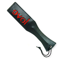 Love Paddle - A leather paddle with the word 'love' intended and backwards, intended result is that the person being spanked will have the word 'love' printed on their bum.