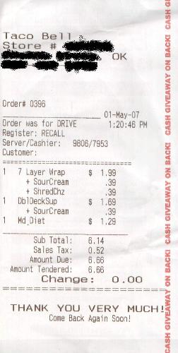 Click to enlarge - This is a receipt from my local Taco Bell but I blacked out the personal information on the receipt so I can not be blamed for Taco Bell getting crank calls. ha ha