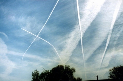 Chemtrails - Chemtrails are a phenomena that happens with jets that are thought to not actually be regular contrails. It has been said that the government is actually dumping chemicals into the sky for a number of reasons, one is in an attempt to control the weather. Normal contrails vaporize and disappear immediatley, but chemtrails actually last in grow. I see them frequently here in VA and I see them pretty much every day where there aren't clouds in the sky, and it seems obvious to me that they are not contrails.