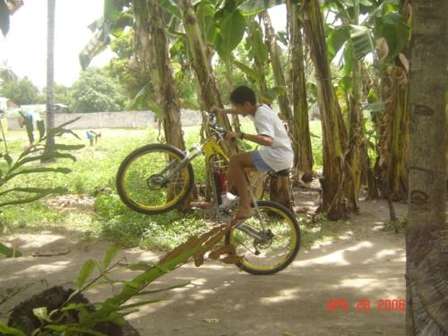 mountain biking - doing the wheelie stunt. a very simple stunt.