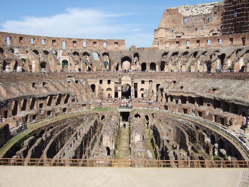 Coliseum - Rome - Picture looking down on the Coliseum arena, showing the dirt ground but also revealing the chambers beneath the surface. These were sometimes used to hide animals that would be released during tournaments/fights to make things more interesting.