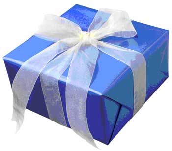 Gift wrapped up with a bow - This is a beautifully wrapped present. It has blue wrapping paper and a lovely white bow.