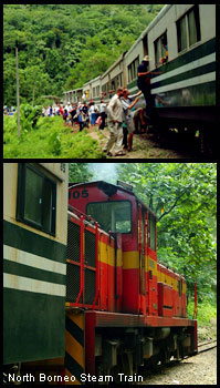 North Borneo Railway - In the 1880s, with the emergence of rubber and coffee plantations in Borneo's hinterland, a need of some kind of transportation between towns was triggered, thus the North Borneo Railway was born.  Today, it runs from Tanjung Aru till Tenom town, passing coastal and rural areas, picturesque villages and small towns, a mountain tunnel and a spectacular Gorge.