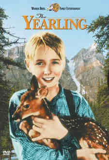 The Yearling - image of a DVD cover for the movie The Yearling, starring Gregory Peck, Jane Wyman and Claude Jarman, Jr. about a foundling yearling deer.