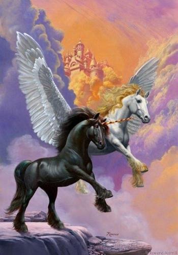 Unicorn and Pegasus - I beautiful picture of a black unicorn and white pegasus. Both beautiful creatures of (myth?)